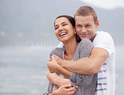 Buy stock photo Happy couple, hug and love with travel to beach, vacation in Mexico for honeymoon and marriage with bonding. Support, commitment and trust in relationship with ocean, romantic adventure and fresh air