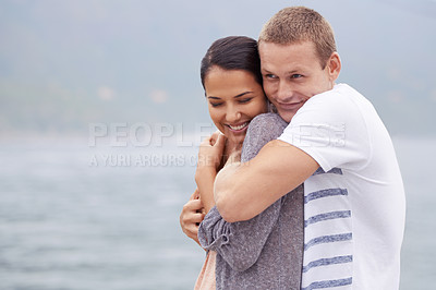 Buy stock photo Happy couple, hug and bonding with travel to beach, vacation in Mexico for honeymoon and marriage with love. Support, commitment and trust in relationship with ocean, romantic adventure and fresh air