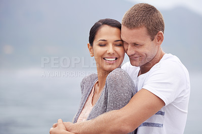 Buy stock photo Happy couple, hug and peace with travel to beach, vacation in Mexico for honeymoon and marriage with love. Support, commitment and trust in relationship with ocean, romantic adventure and bonding