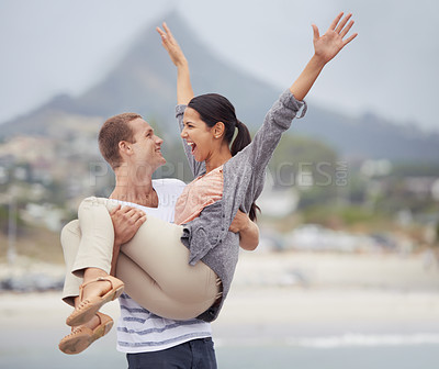 Buy stock photo Freedom, excited and man carrying woman in road with smile, happiness and celebration for vacation in Mexico. Street, couple and happy with love in city for travel, holiday and adventure on date