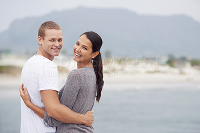 Buy stock photo Couple, beach and happy with hug on holiday for honeymoon, love and relax in New Zealand. Portrait, relationship and ocean for travel on vacation with trip for affection, support and bonding. 