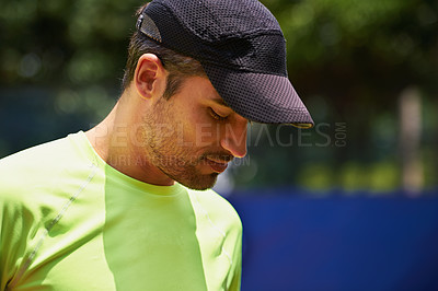 Buy stock photo Face, fitness and tennis player man on court for start of competition, game or match outdoor in summer. Exercise, health and sports with confident young athlete at club for training or workout