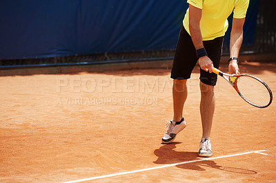 Buy stock photo Person, playing or competition on tennis court, athlete or serve racket or ball for professional match. Fitness, outdoor and career in sport tournament, skill and strong champion player in USA open