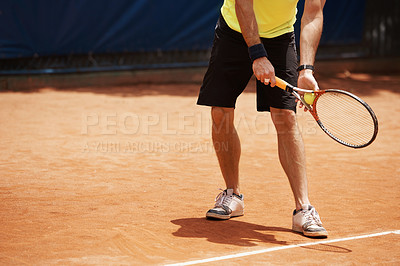 Buy stock photo Tennis, sports and male player on court, outdoor turf and exercise for cardio fitness or fun. Racket, ball and athletic man with mockup space, training and practice for performance or competition 