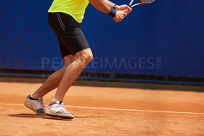 Buy stock photo Person, legs and competition on tennis court, athlete and serve racket or ball for professional match. Fitness, outdoor or player in sport training for tournament or skill of strong champion in game