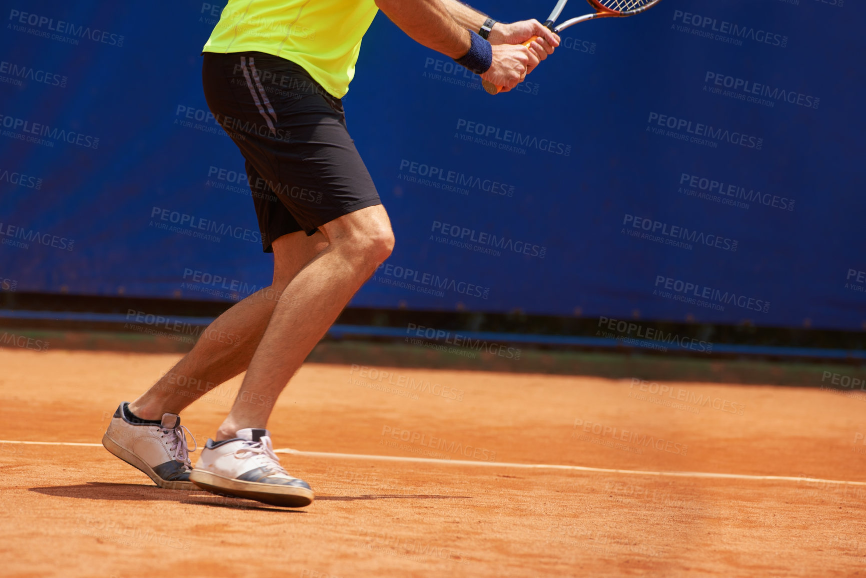 Buy stock photo Person, legs and competition on tennis court, athlete and serve racket or ball for professional match. Fitness, outdoor or player in sport training for tournament or skill of strong champion in game
