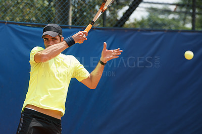 Buy stock photo Man, serve and playing in competition on tennis court, athlete and racket or ball for professional match. Fitness, outdoor and person in training for tournament and skill of champion player in game
