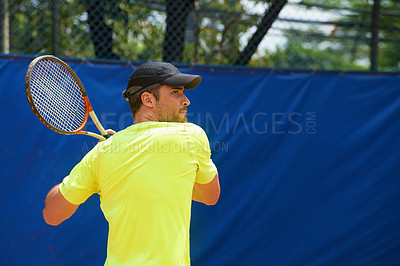 Buy stock photo Man, playing and professional on tennis court in match, stance and racket in sportswear in competition. Person, outdoor and athlete fitness for tournament, concentration and skill for ready to shot