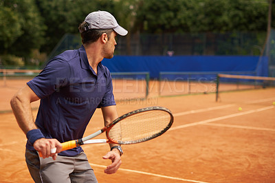 Buy stock photo Man, racket and court for tennis game, training and tournament for competition or lifestyle. Male person, professional and match for practice or fitness for championship, recreation and play sport