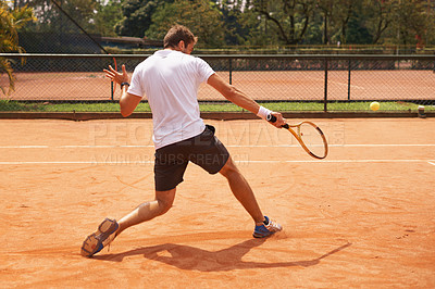 Buy stock photo Man, playing or competition on tennis court, athlete or serve racket or ball for professional match. Fitness, outdoor or person in training for tournament and skill of strong champion player in game