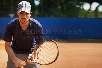 Buy stock photo Tennis, game and portrait of man on court for sport, competition or exercise for fitness. Athlete, workout and play on pitch outdoor in summer with action, challenge and person in contest mock up