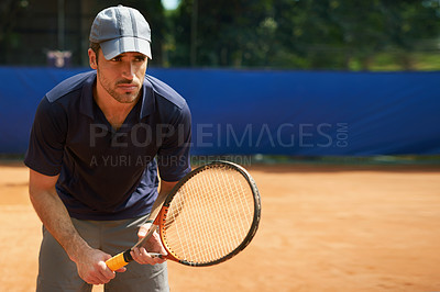 Buy stock photo Athlete, man and racket in tennis court for training, fitness and sports for competition or hobby. Male person, sportswear and workout for game or health, wellness and wellbeing in summer or outdoor