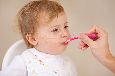 Buy stock photo Spoon, baby and high chair for eating, food and nutrition for healthy, childhood development. Young child, care and hungry for tasty, delicious and meal for wellbeing, growth and bonding together