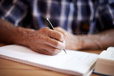 Buy stock photo Student, hand and writing notes in university, learning and knowledge on college campus. Education, person and closeup of information for exams, planning and scholarship for studying or revision