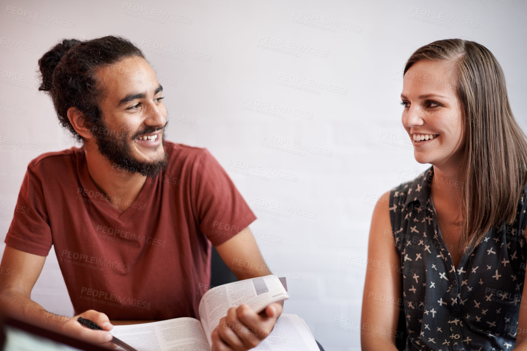 Buy stock photo Study group, university and students with book, conversation and planning for a project and education. People, college and friends with ideas and brainstorming with teamwork and support with research