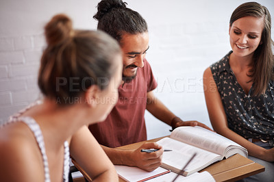 Buy stock photo Studying, university and students with book, brainstorming and planning for a project and knowledge. People, college and friends with education and revision with teamwork and support with research