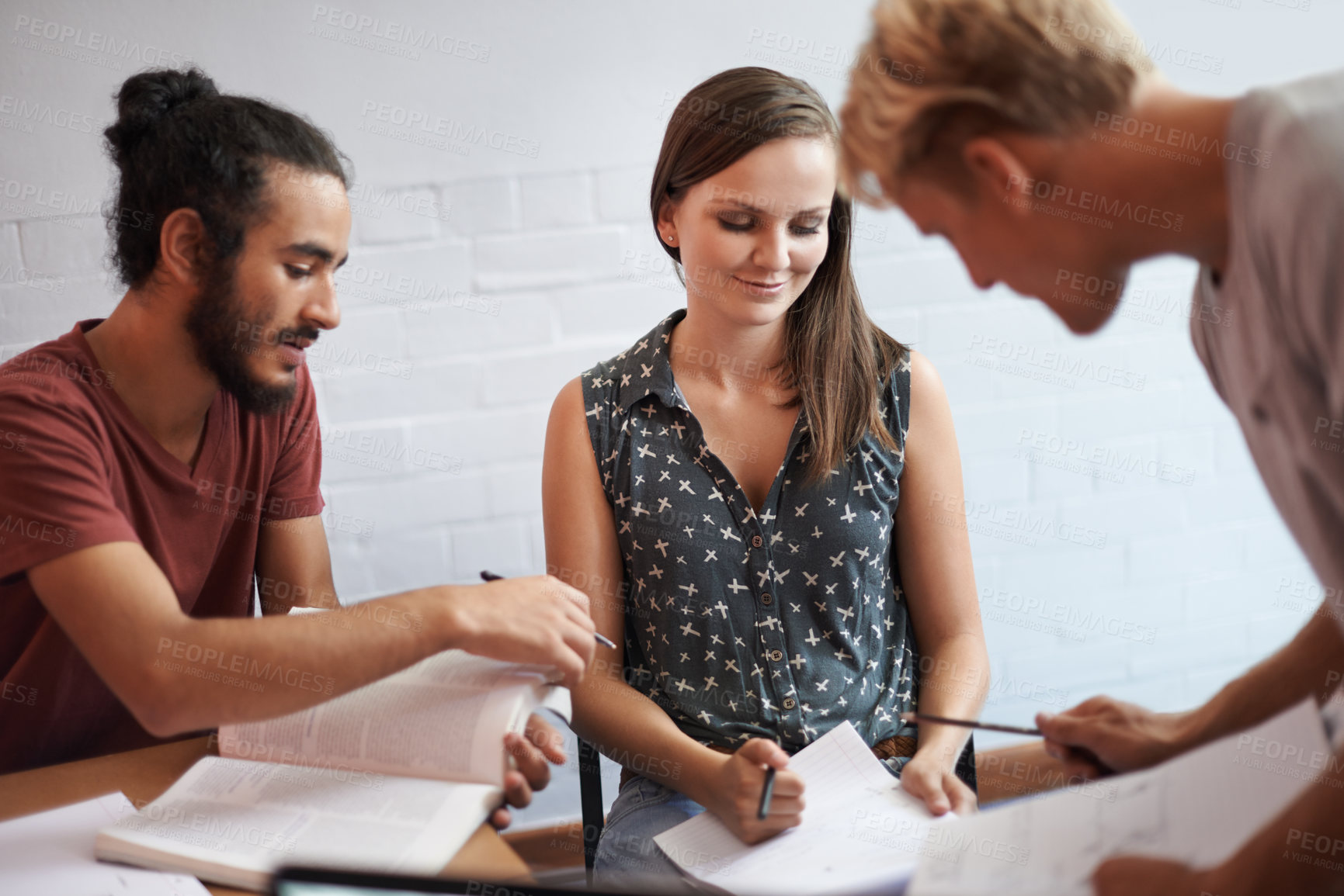 Buy stock photo Studying, university and students with books, research and planning for a project and education. Group, college and friends with ideas and brainstorming with teamwork and collaboration with revision
