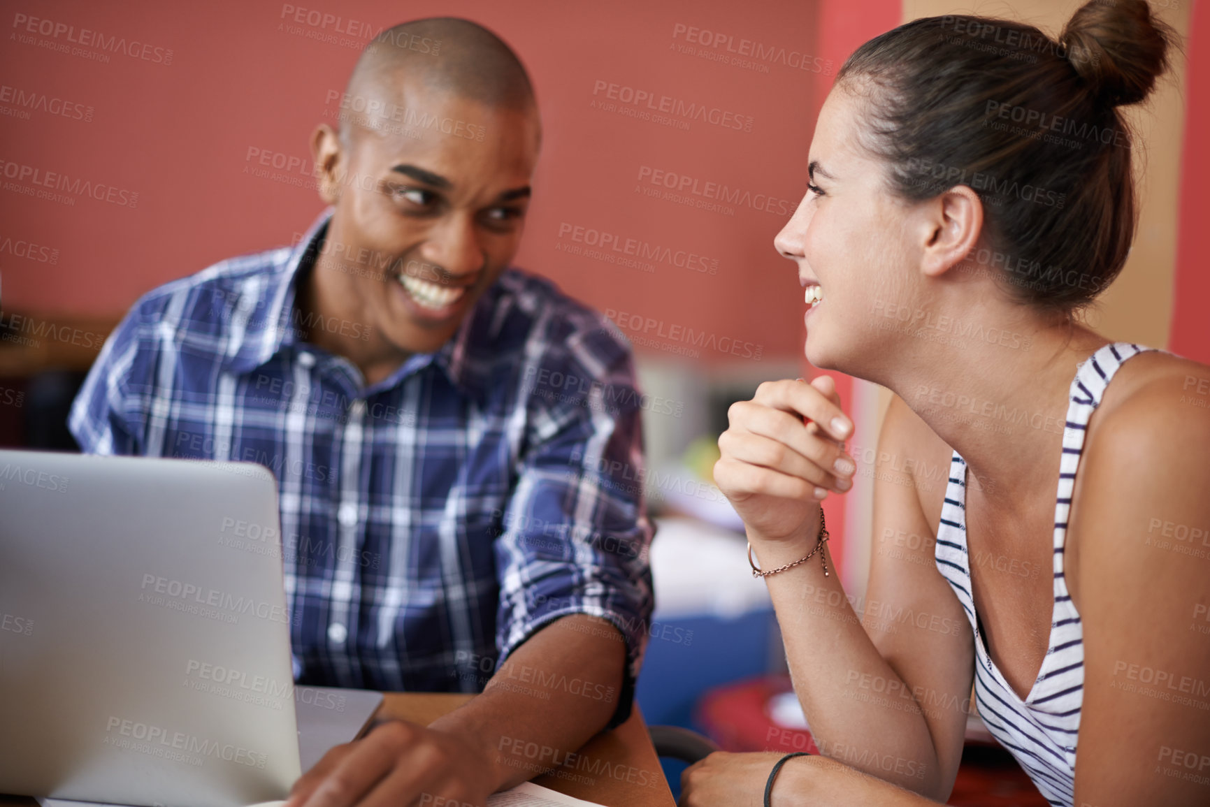 Buy stock photo Laptop, man and woman with smile as students, studying and research for exam with elearning. Collaboration, people and classmates together with happiness for teamwork in university for scholarship