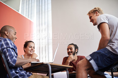 Buy stock photo Students, group and laptop with smile, study and learning for education and discussion. People, technology and books with classroom, diversity and conversation for future development or research