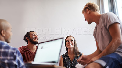 Buy stock photo Students, group and laptop with screen, discussion and learning for education and study. People, technology and books with classroom, diversity and conversation for future development or research