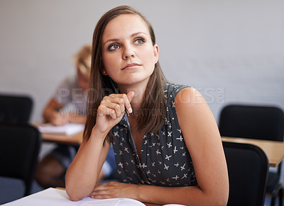 Buy stock photo Woman, student and thinking with book in classroom for learning, studying or education at university. Female person or academic learner in wonder for assignment, ambition or literature exam at campus