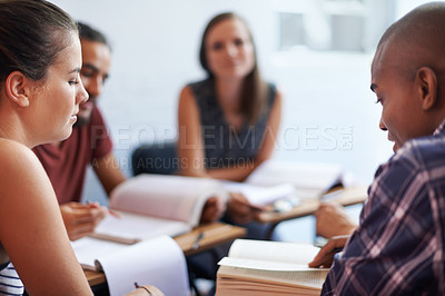 Buy stock photo Group, students and university with books for studying, info and solution with thinking, learning and ideas. Men, women and education for exam with notes, pen and reading for development at college