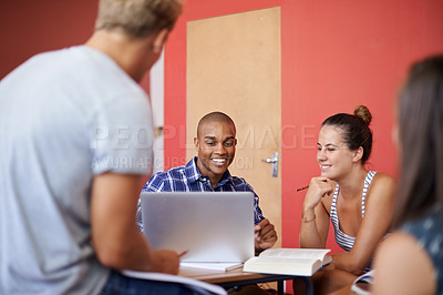 Buy stock photo Men, women and students at university with laptop for studying, info and books for thinking, learning and chat. People, friends and education in group with knowledge, talk and development at college