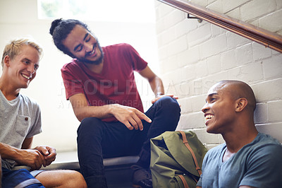Buy stock photo Campus, stairs and students with smile, backpack and laughing together as friends, classmates and conversation. University, school and men in course for education with scholarship, relax and people