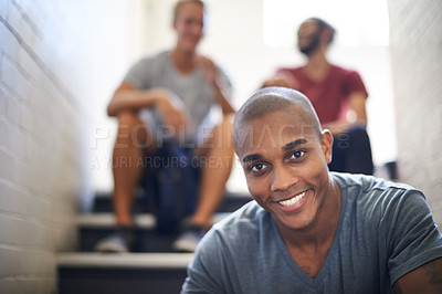 Buy stock photo Portrait, stairs and student with smile, black man and together with classmates as friends for conversation. University, school and campus with course for person,  scholarship and people relax