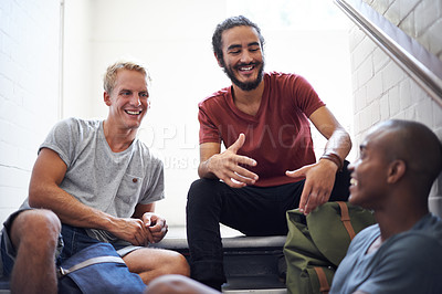Buy stock photo Group, stairs and students with discussion, brainstorming and relaxing with education and people. Men, scholarship or friends with diversity and knowledge with planning or college with lunch break