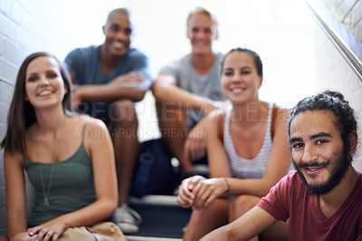 Buy stock photo Bonding, stairs and group of students in portrait, smile and relaxing with education and friends. Men, women and people with diversity and scholarship for university and college, learning and course