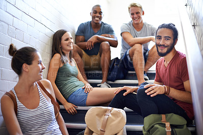 Buy stock photo University, steps and students with happiness, friends and smile together, classmates and conversation. Campus, women and men in course for education with scholarship, relax and people on stairs