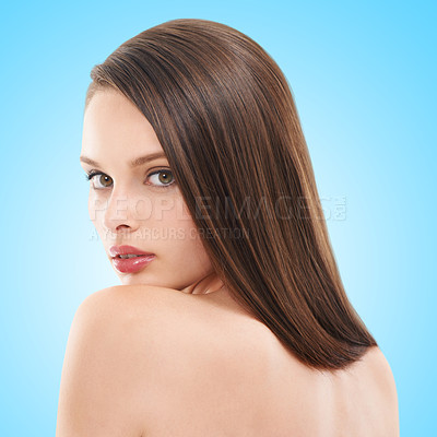 Buy stock photo Woman, beauty and studio portrait for skincare wellness, cosmetics and makeup by blue background. Model, face and aesthetic with skin glow, health and cosmetic with brunette hair by studio backdrop