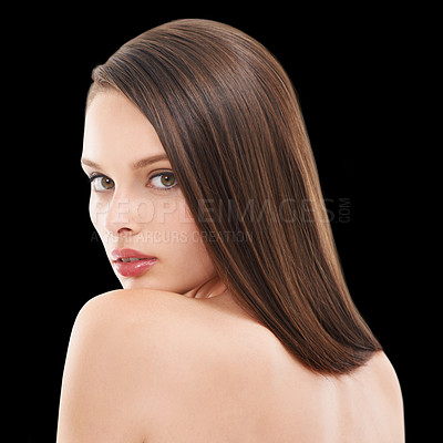 Buy stock photo Hair, salon and portrait of woman on black background for wellness, keratin treatment and cosmetics. Beauty salon, hair products and face of girl for shine, growth and luxury shampoo for hair care