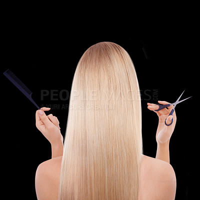 Buy stock photo Woman, back and studio with hair care, scissors and comb with grooming tools by black background. Girl, person or model with hairdresser equipment for hairstyle, cutting and cosmetics for change