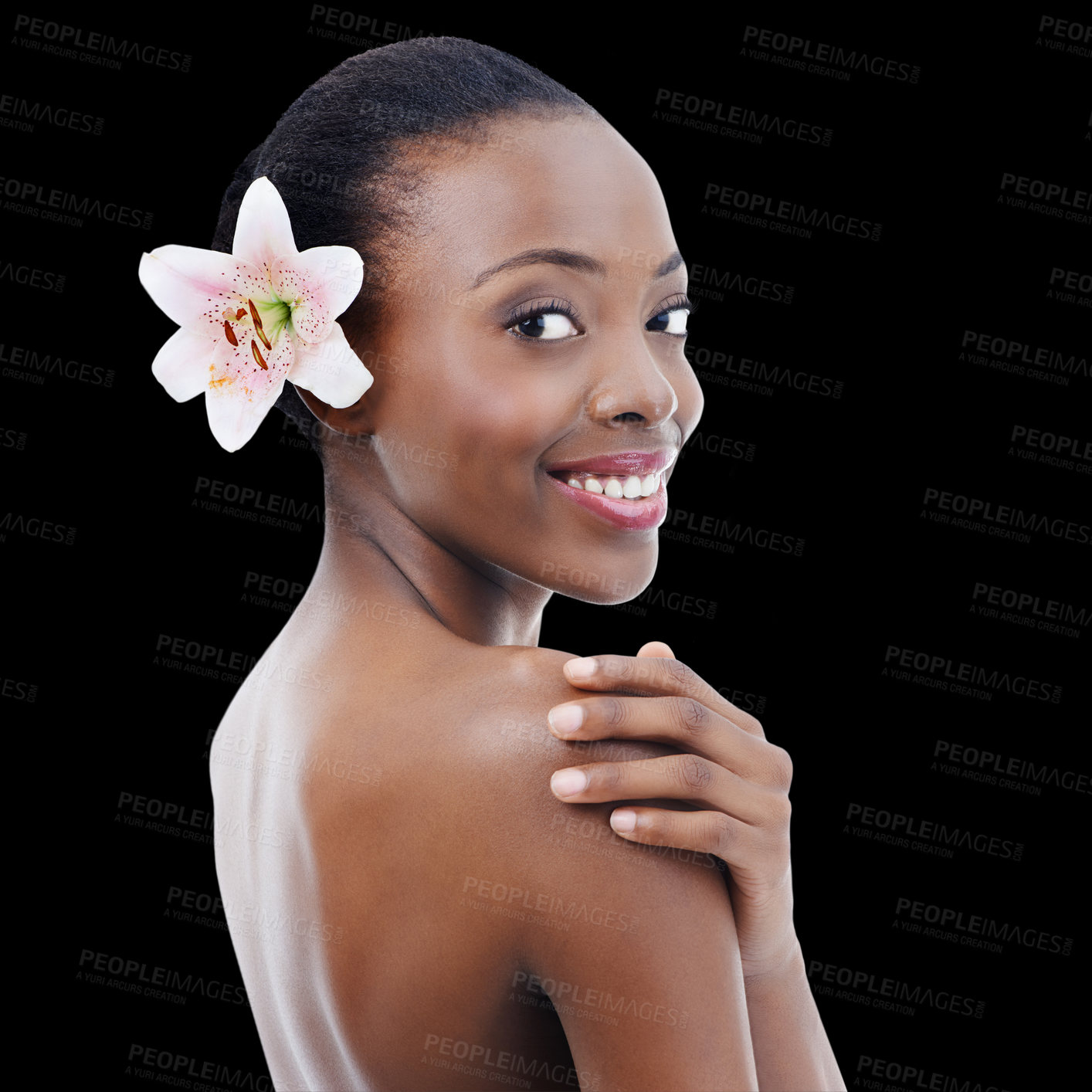 Buy stock photo Woman, portrait and orchid with beauty in studio for organic skincare, natural cosmetics or facial glow. Model, african person or face with smile, flower or self care for wellness on black background