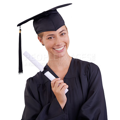 Buy stock photo Portrait, graduation and woman student, cap and gown for successful graduate. University, academic and celebration with diploma in hand, tassel and robes for female qualified person from degree 