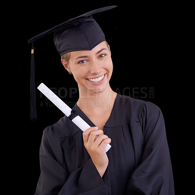 Buy stock photo Portrait, studio and woman in gown for graduation with degree, achievement and university education. Student, happy and face with diploma for learning, knowledge and certification on black background