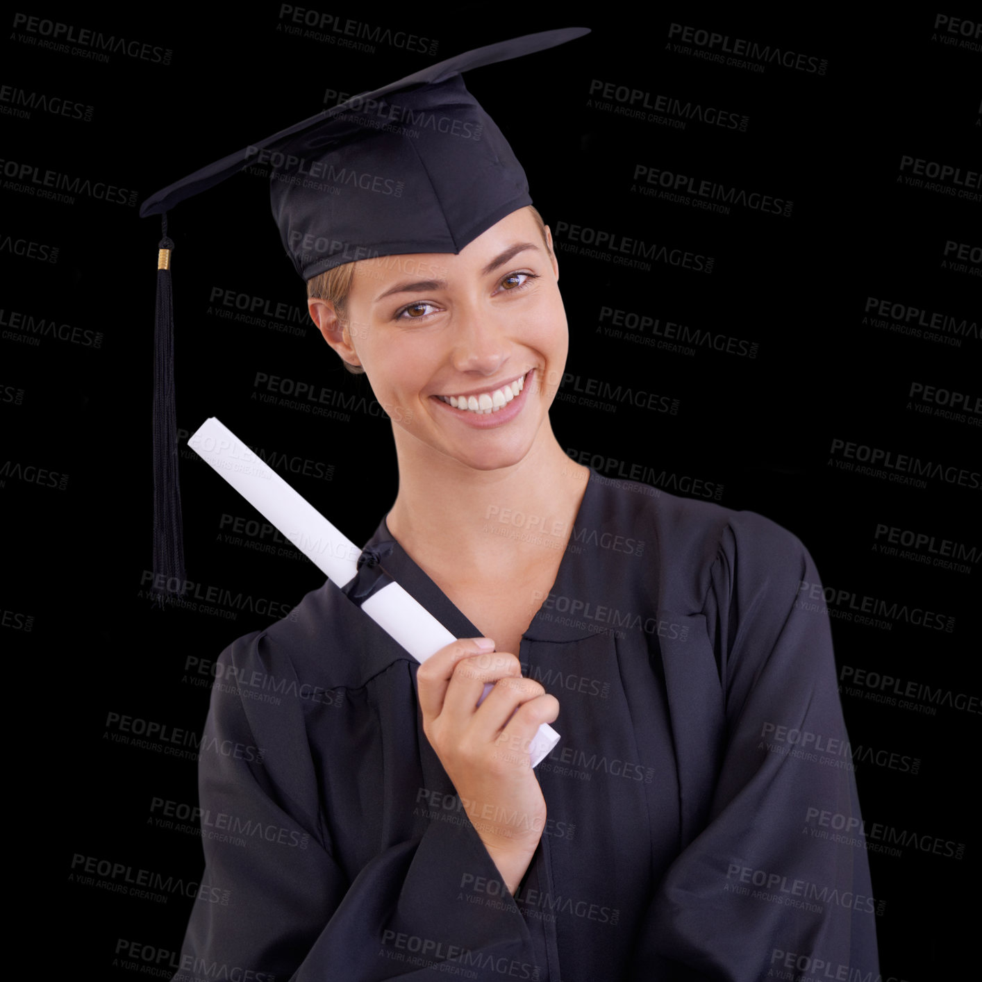 Buy stock photo Portrait, studio and woman in gown for graduation with degree, achievement and university education. Student, happy and face with diploma for learning, knowledge and certification on black background