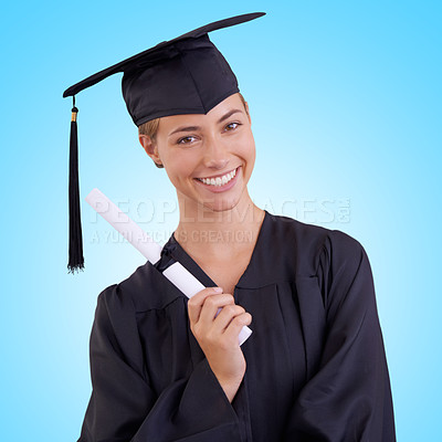 Buy stock photo Portrait, graduation and woman student in cap, gown and  successful for qualified person. University, academic and celebration with diploma in had, tassel and robes for female graduate from studies 