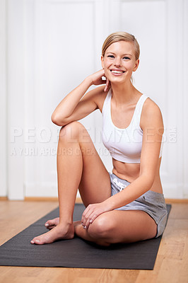 Buy stock photo Happy woman, portrait and relax with yoga mat for exercise, training or health and wellness at home. Face of female person, blonde or yogi with smile for pilates, fitness or workout on floor at house