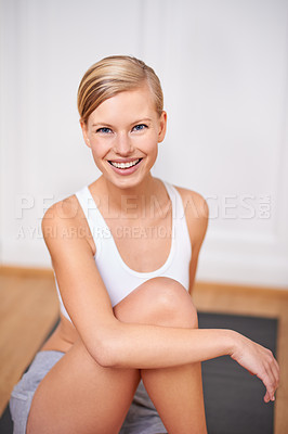 Buy stock photo Happy woman, portrait and yoga with mat for exercise, training or health and wellness at home. Face of female person, blonde or yogi with smile for pilates, fitness or workout on floor at the house