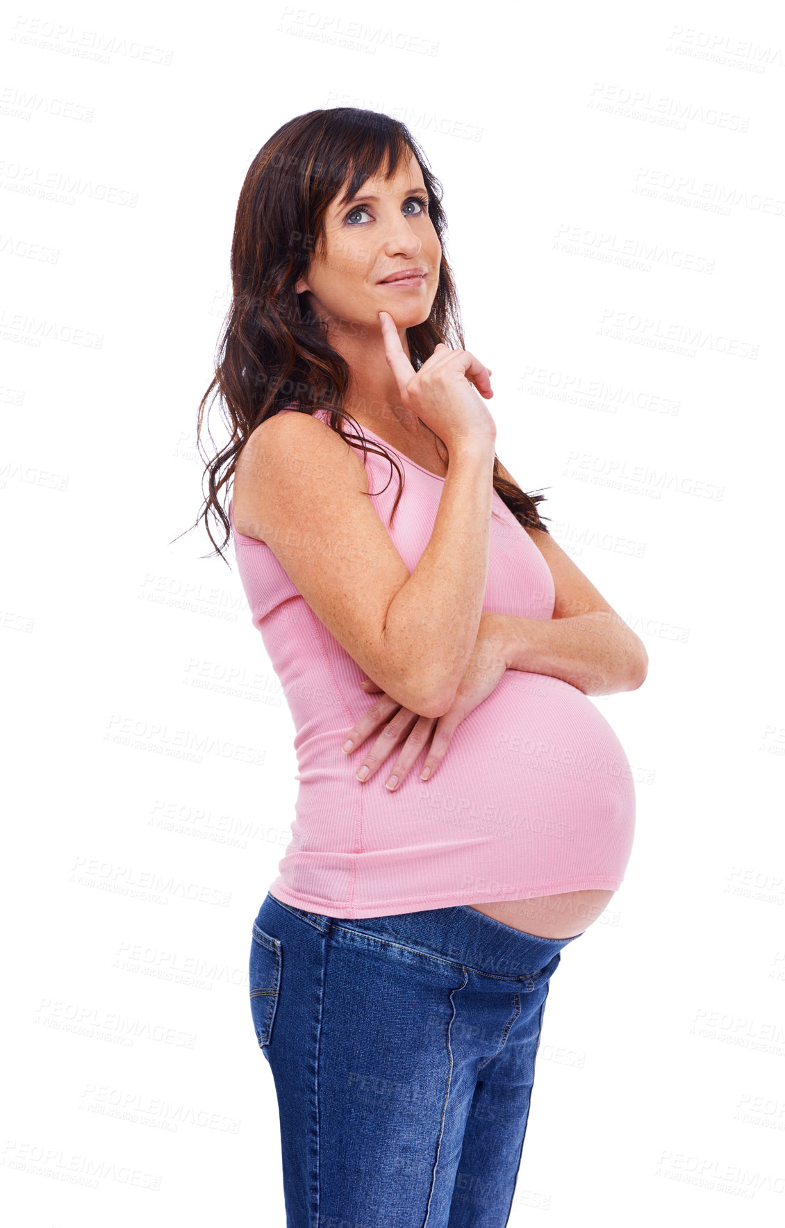 Buy stock photo Portrait, pregnancy or woman for planning, vision or idea for baby, health and happy motherhood. Pregnant, female person and finger for thinking of future, healthcare and question on white background