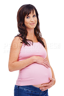 Buy stock photo Portrait, pregnant and smile with belly of woman in studio isolated on white background for expecting. Baby, care and love of pregnancy with happy young parent touching stomach for motherhood