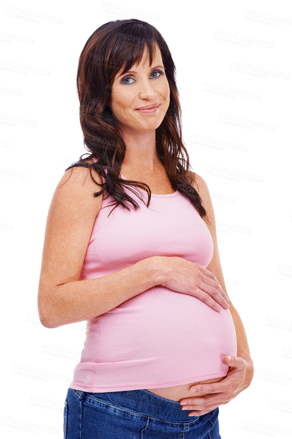 Buy stock photo Portrait, pregnant and smile with belly of woman in studio isolated on white background for expecting. Baby, care and love of pregnancy with happy young parent touching stomach for motherhood