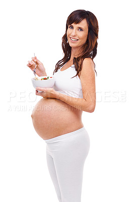 Buy stock photo Woman, pregnant and studio with portrait, salad and smile for healthy maternity and confidence. Mother, proud and nutrition with pregnancy, child and stomach for parenting and motherhood on diet