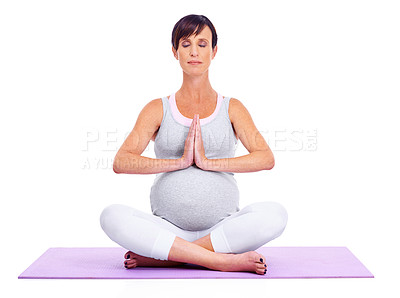 Buy stock photo Fitness, meditation and yoga for wellness with pregnant woman in studio isolated on white background. Exercise, pilates and zen with mother on mat, training for balance, inner peace or mindfulness