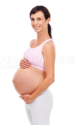 Buy stock photo Portrait, pregnant or woman for belly, wellbeing or health on mockup in studio on white background. Stomach, female person and pregnancy for happiness, peaceful and prenatal care for maternity