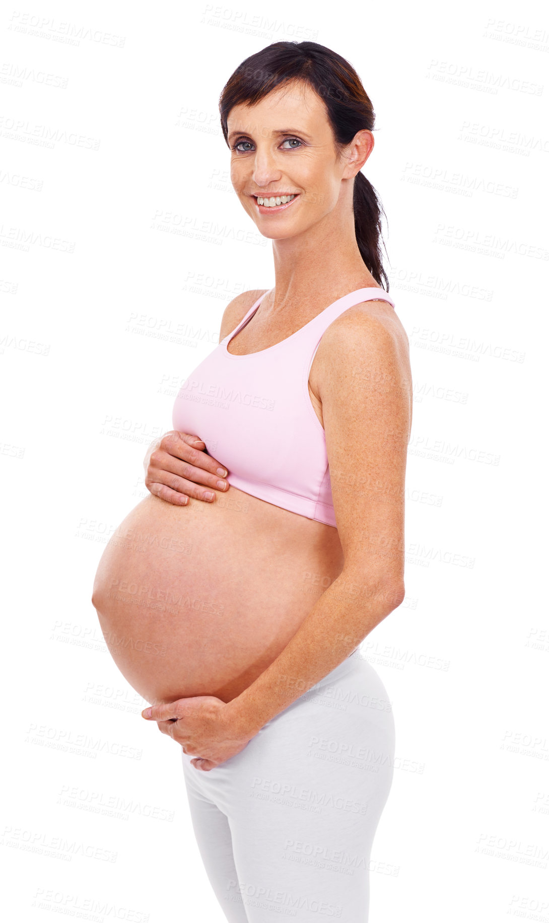 Buy stock photo Portrait, pregnant or woman for belly, wellbeing or health on mockup in studio on white background. Stomach, female person and pregnancy for happiness, peaceful and prenatal care for maternity