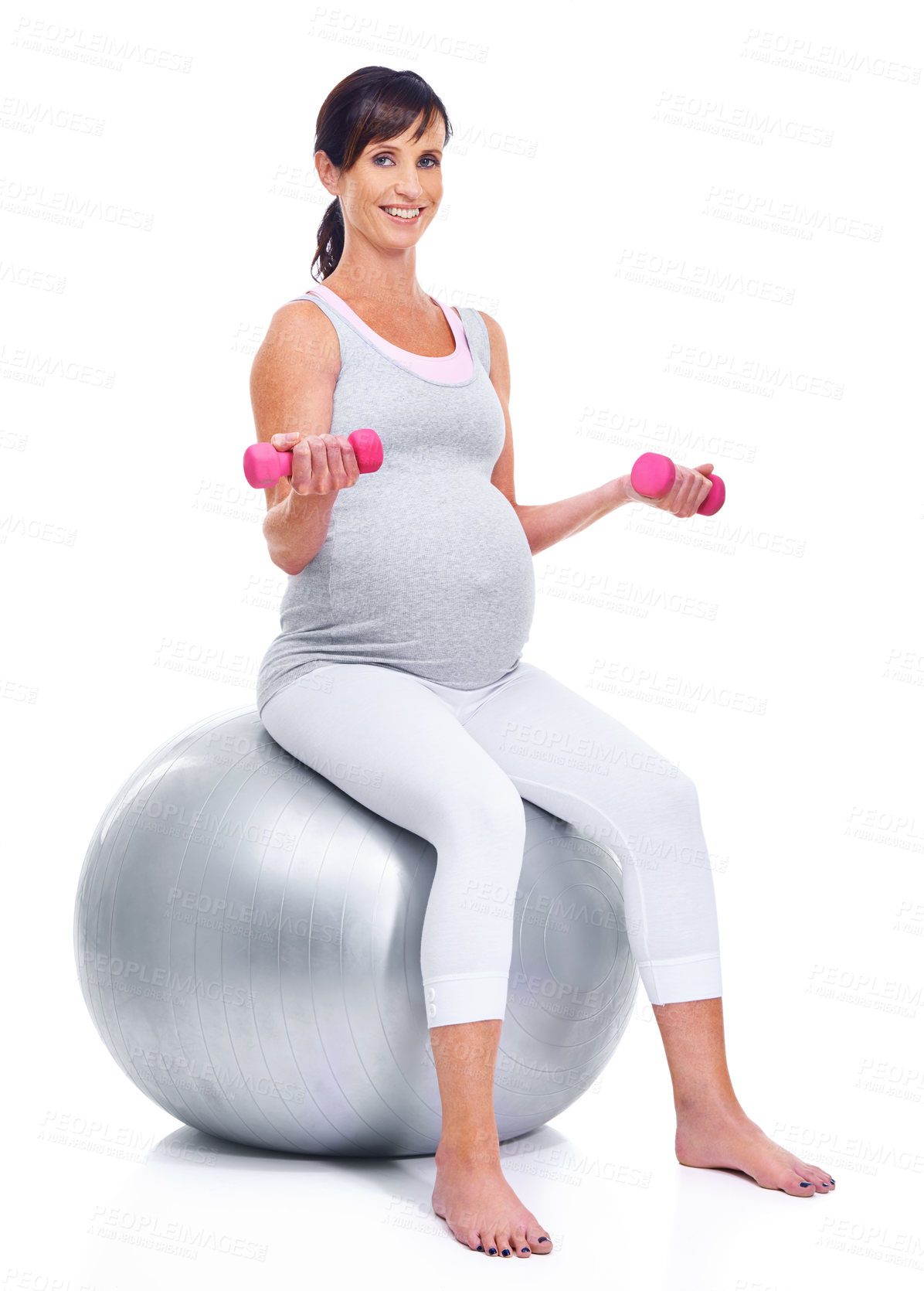 Buy stock photo Portrait, pregnant and mother on ball for fitness, wellness and training for expectant mom on white background. Female person, pregnancy or woman with dumbbells for exercise, health or yoga in studio